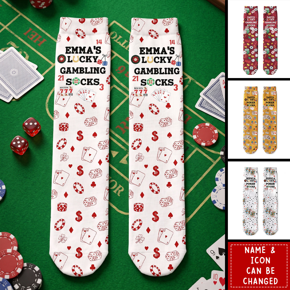 Lucky Gambling Socks, Lucky Poker Socks - Custom Name &amp; Style - Personalized Socks