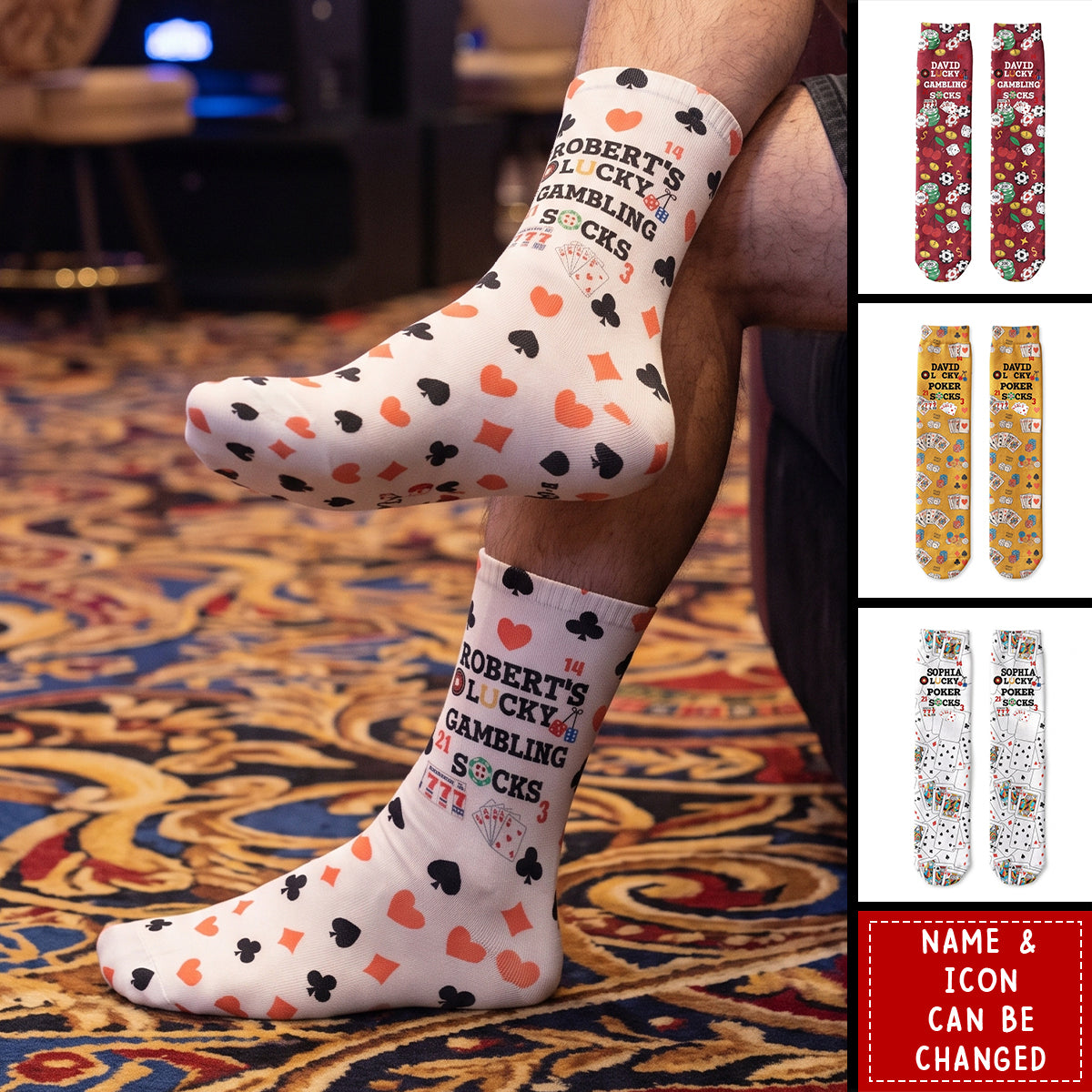 Lucky Gambling Socks, Lucky Poker Socks - Custom Name &amp; Style - Personalized Socks