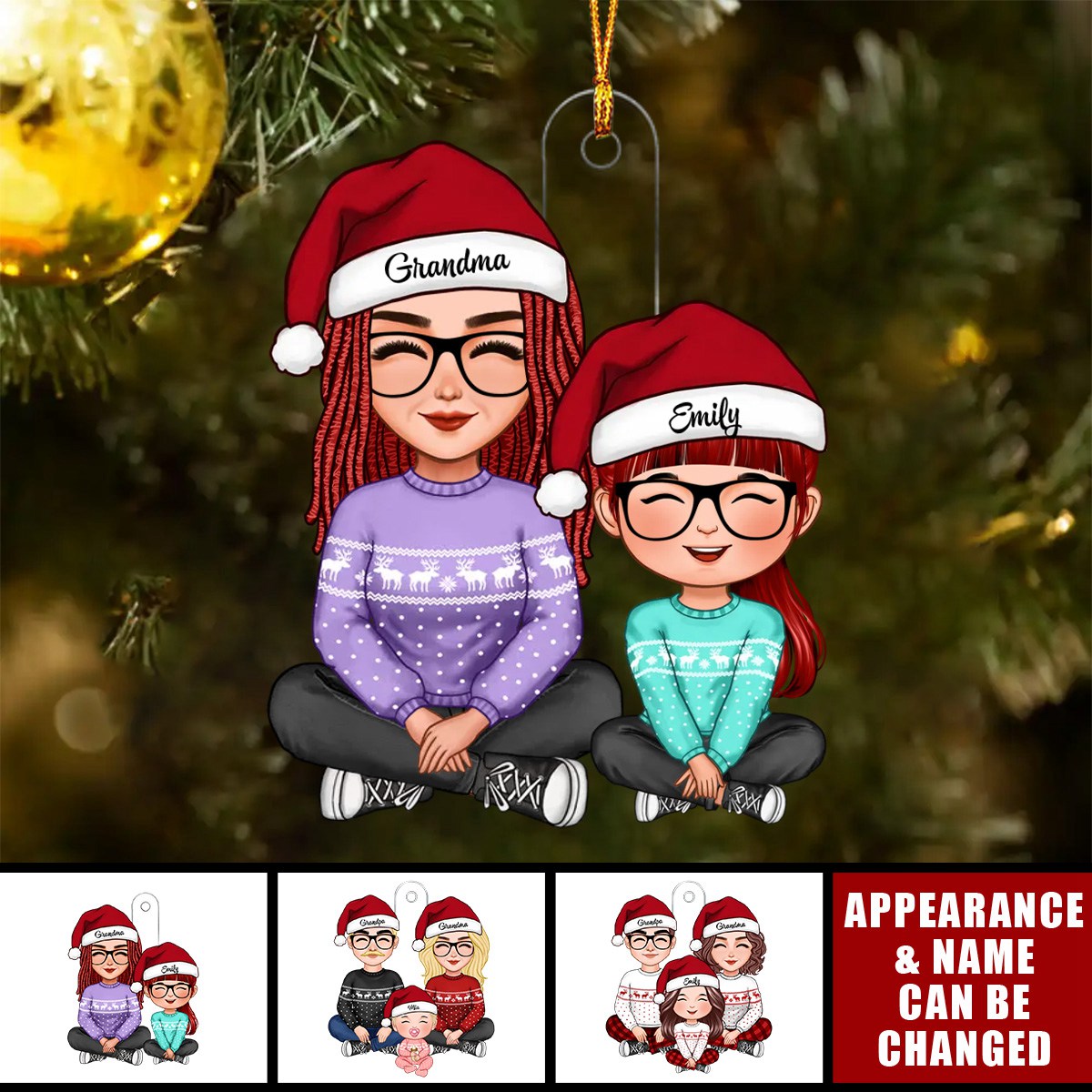 Cute Grandma Grandpa &amp; Grandkid Sitting Crossed Legs Christmas Gift Personalized Acrylic Ornament