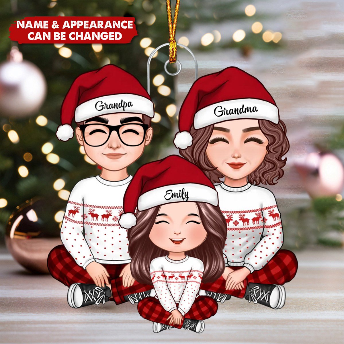 Cute Grandma Grandpa &amp; Grandkid Sitting Crossed Legs Christmas Gift Personalized Acrylic Ornament