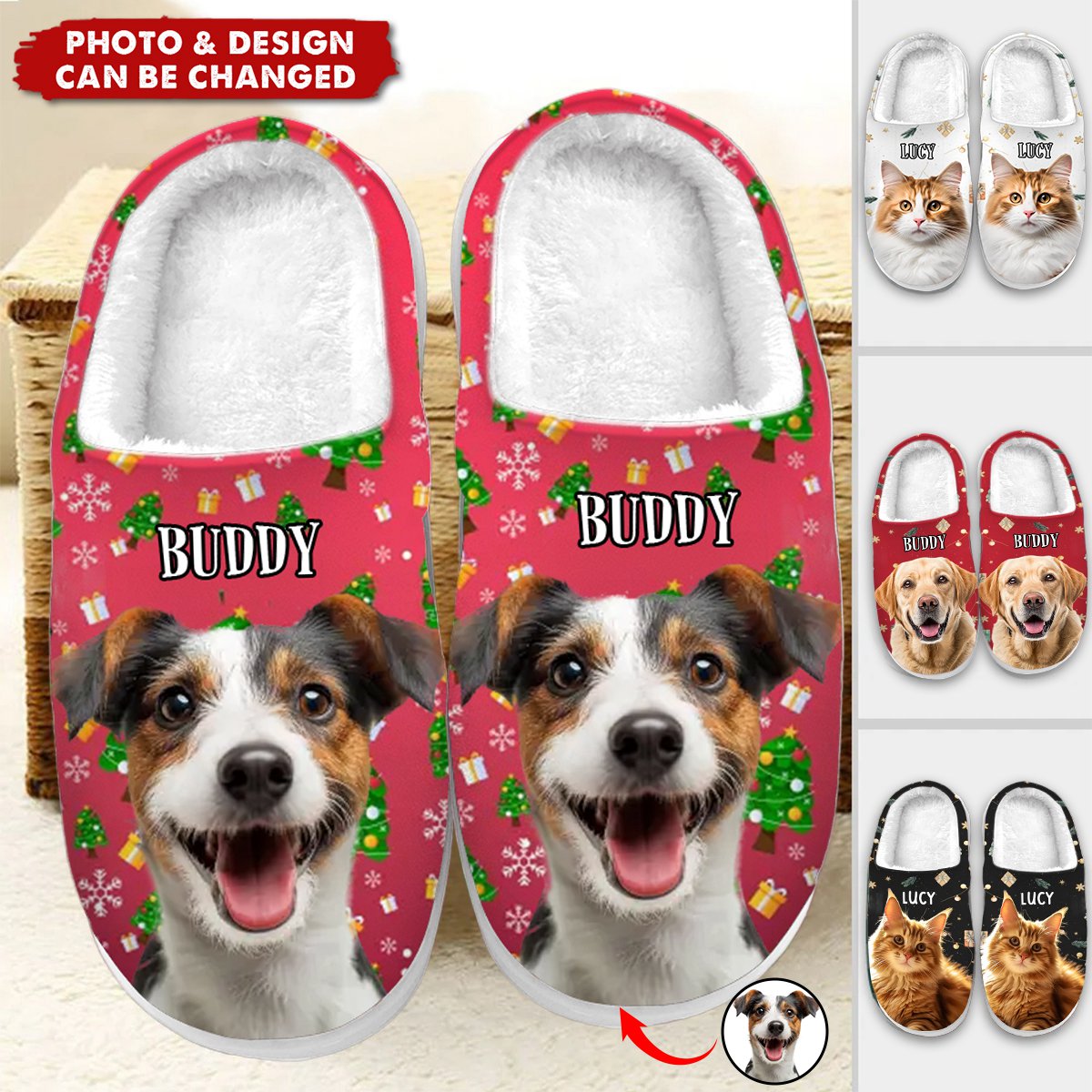 Custom Photo Wagging Tails, Happy Hearts - Dog &amp; Cat Personalized Custom Fluffy Slippers - Christmas Gift For Pet Owners