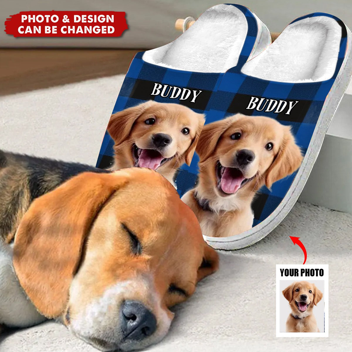 Custom Photo Wagging Tails, Happy Hearts - Dog &amp; Cat Personalized Custom Fluffy Slippers - Christmas Gift For Pet Owners