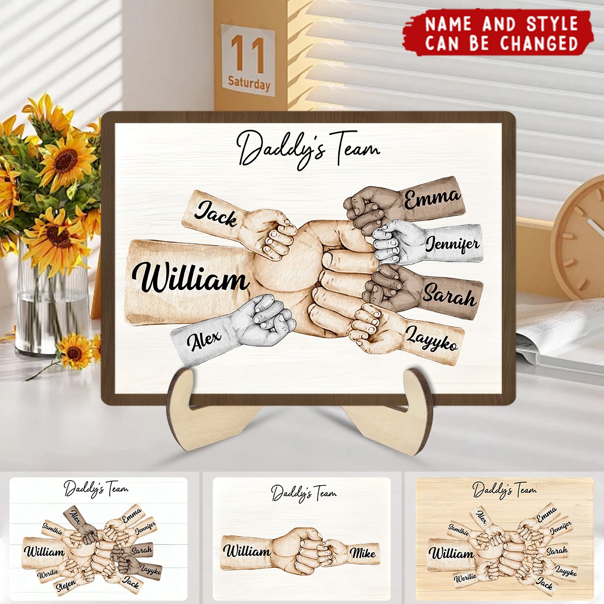 Daddy&#39;s Team Fist Bump Personalized 2-Layer Wooden Plaque
