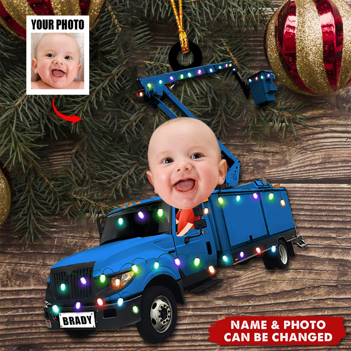 Lineman Bucket Truck - Personalized Acrylic Photo Ornament - Christmas Gift for Lineman