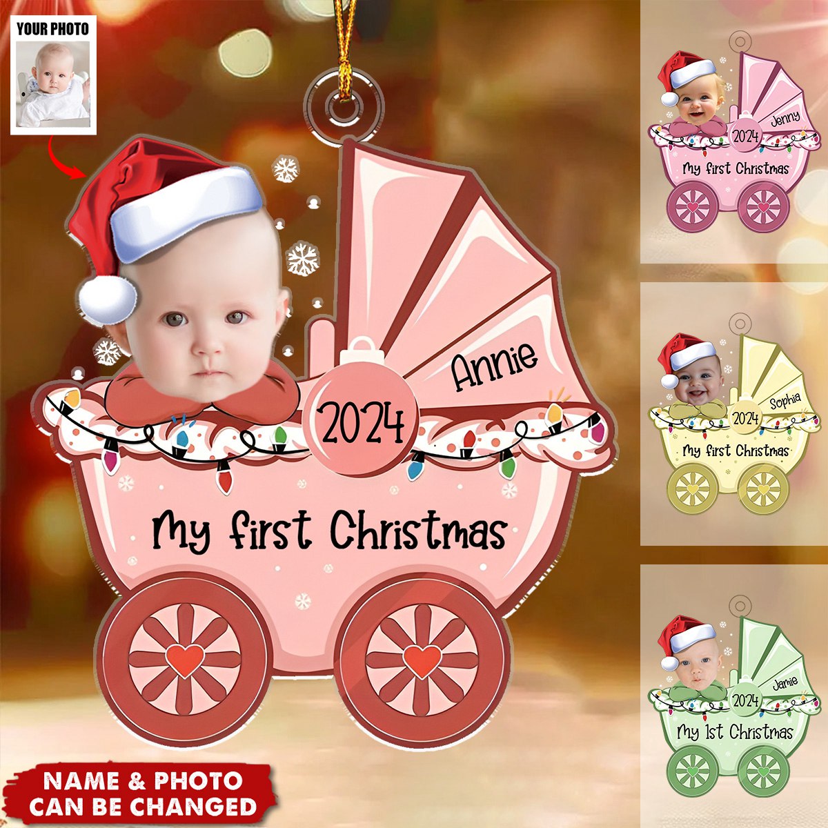Baby&#39;s First Christmas Baby Stroller- Personalized Acrylic Photo Ornament