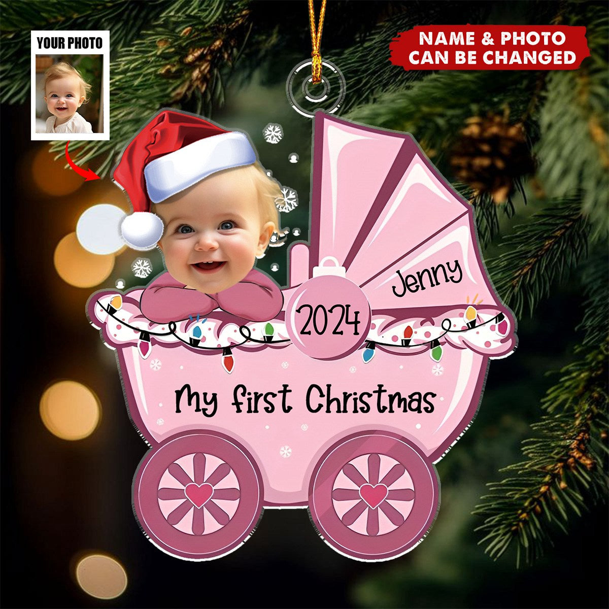Baby&#39;s First Christmas Baby Stroller- Personalized Acrylic Photo Ornament