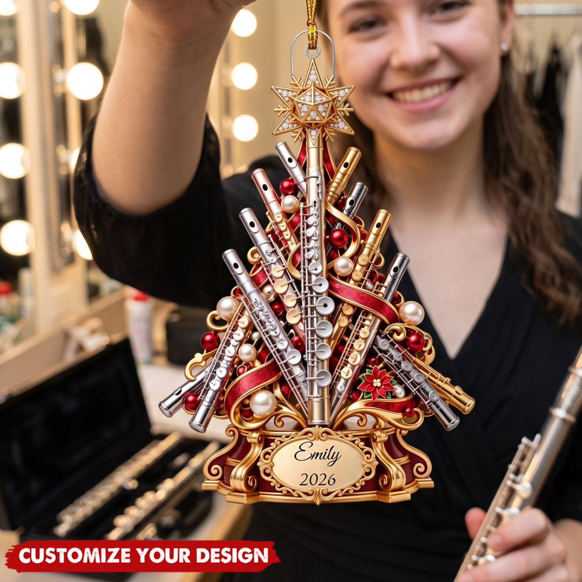 Personalized Flute Player Christmas Tree Ornament - Musician Holiday Decor