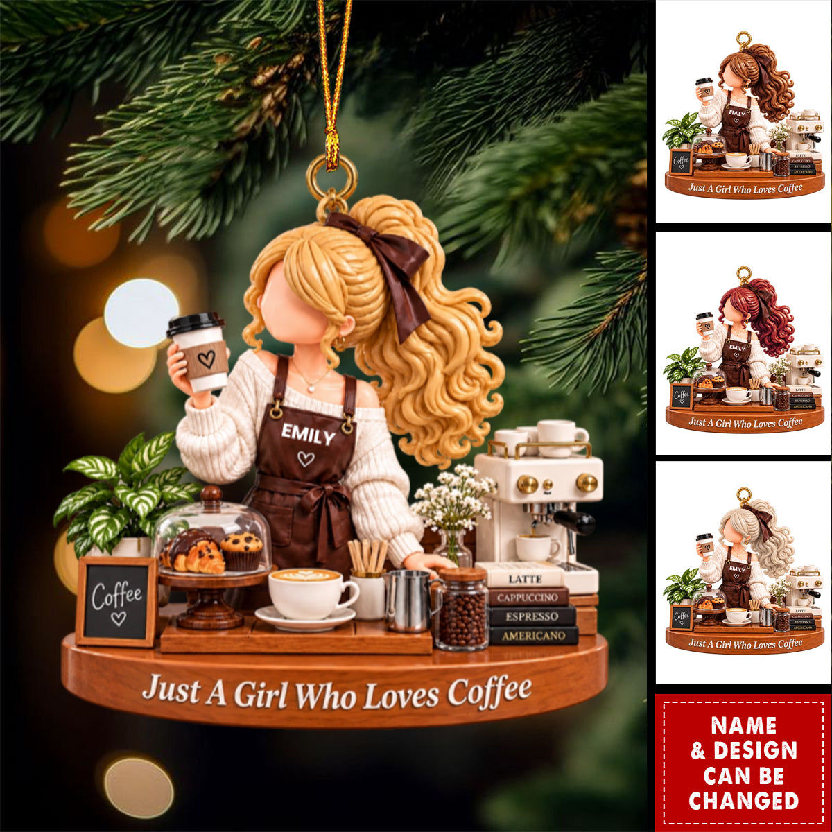 Personalized Girl With Coffee Ornament - Coffee Lover Christmas Ornament