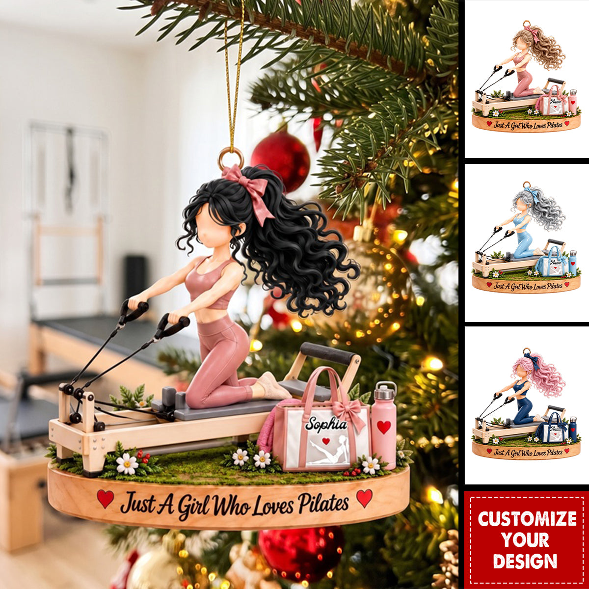 Personalized Pilates Girl Ornament - Custom Name Reformer Pilates Christmas Ornament