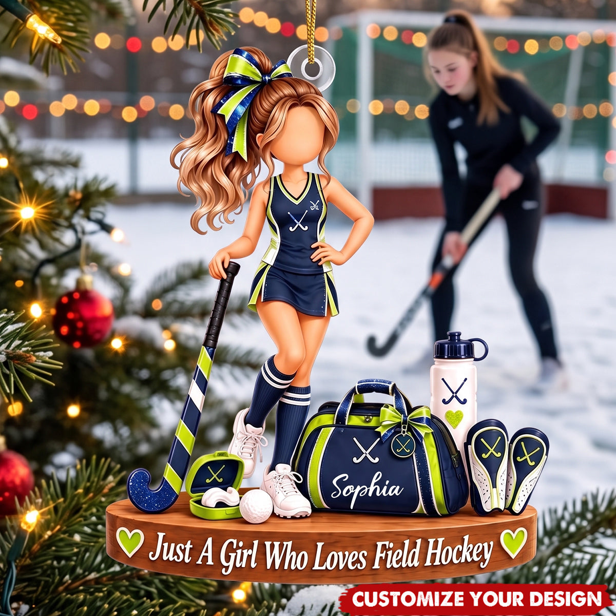 Personalized Field Hockey Girl Ornament - Custom Name Player Christmas Gift