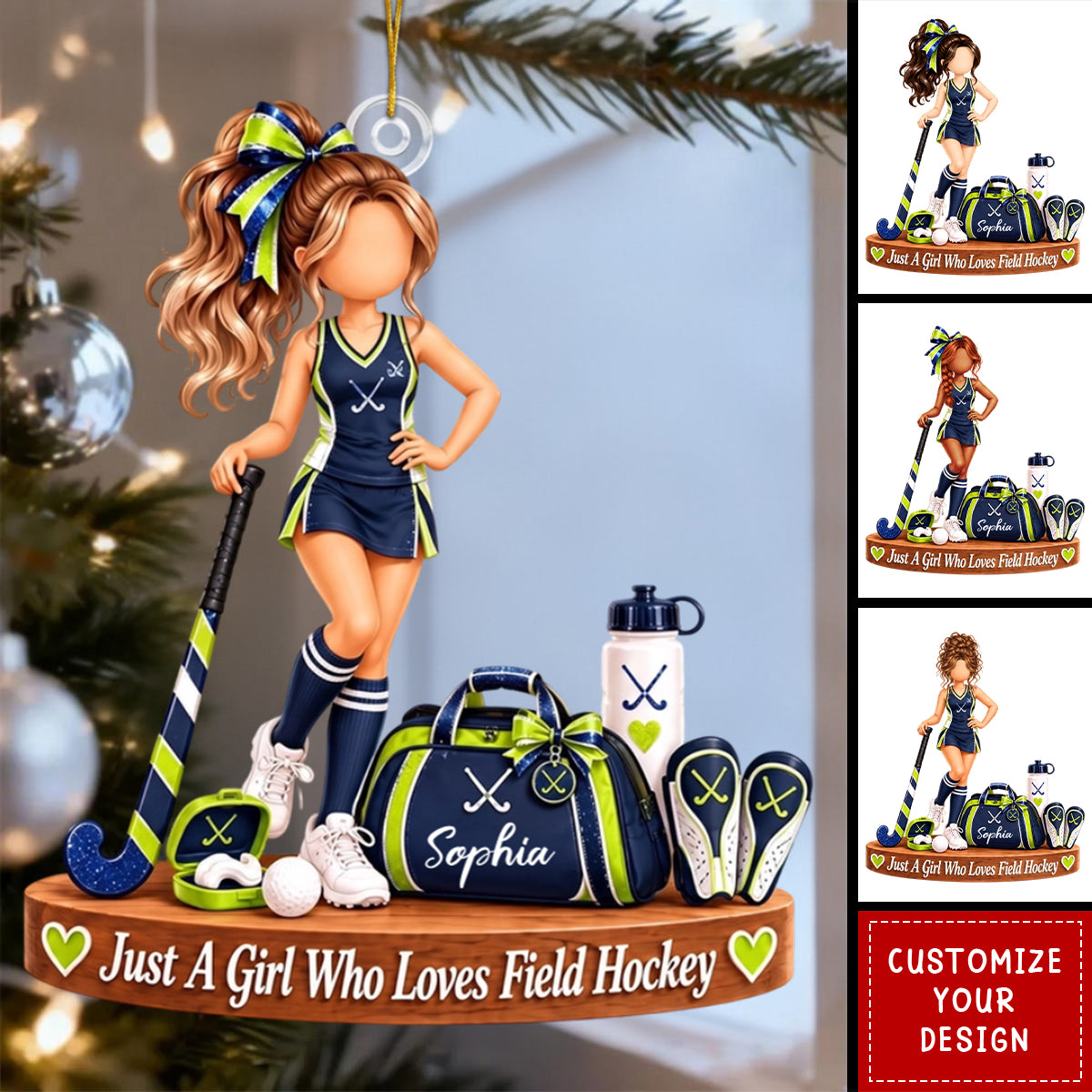 Personalized Field Hockey Girl Ornament - Custom Name Player Christmas Gift