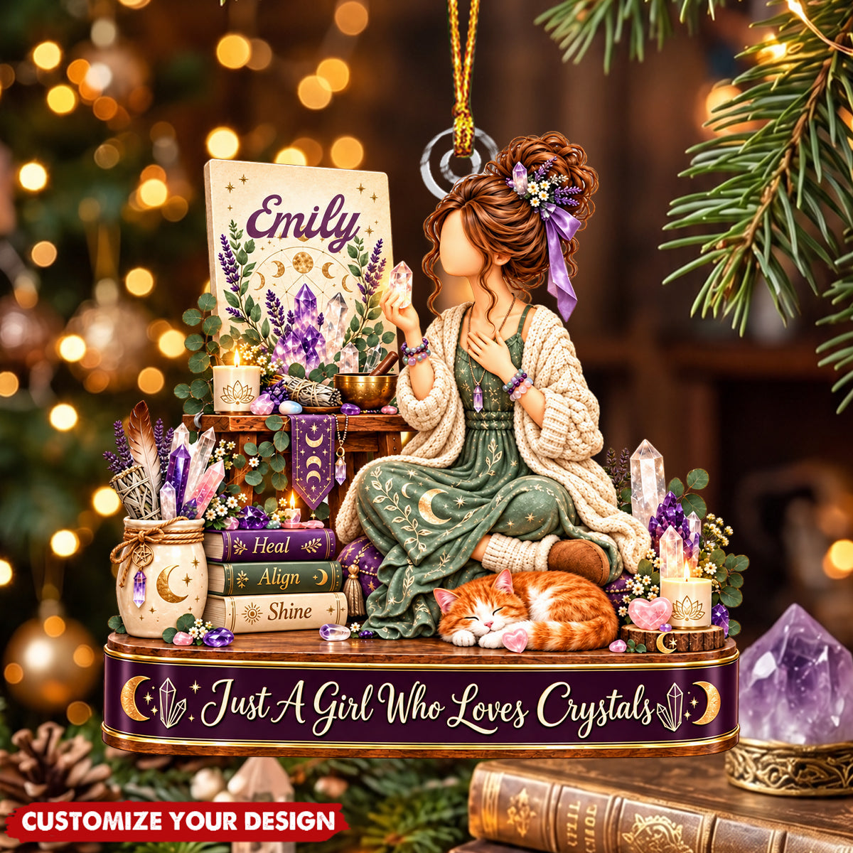 Personalized Crystal Collector Ornament -  Custom Name Gift with Purple Stones and Celestial Details