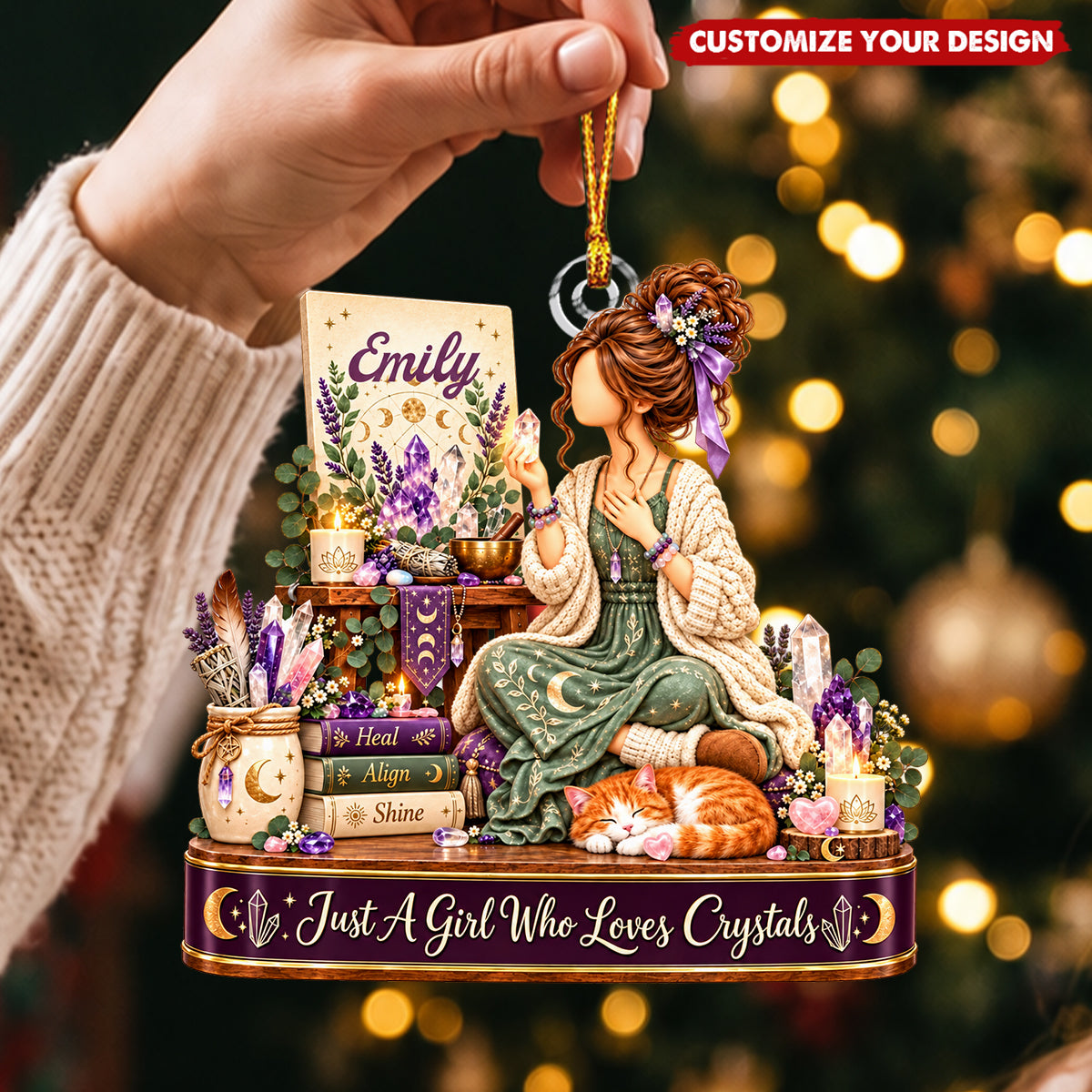 Personalized Crystal Collector Ornament -  Custom Name Gift with Purple Stones and Celestial Details