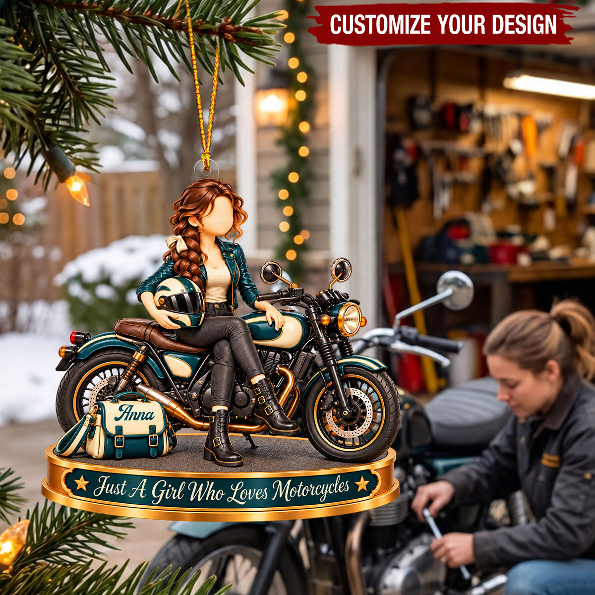 Personalized Motorcycle Girl Ornament - Custom Name Rider Gift