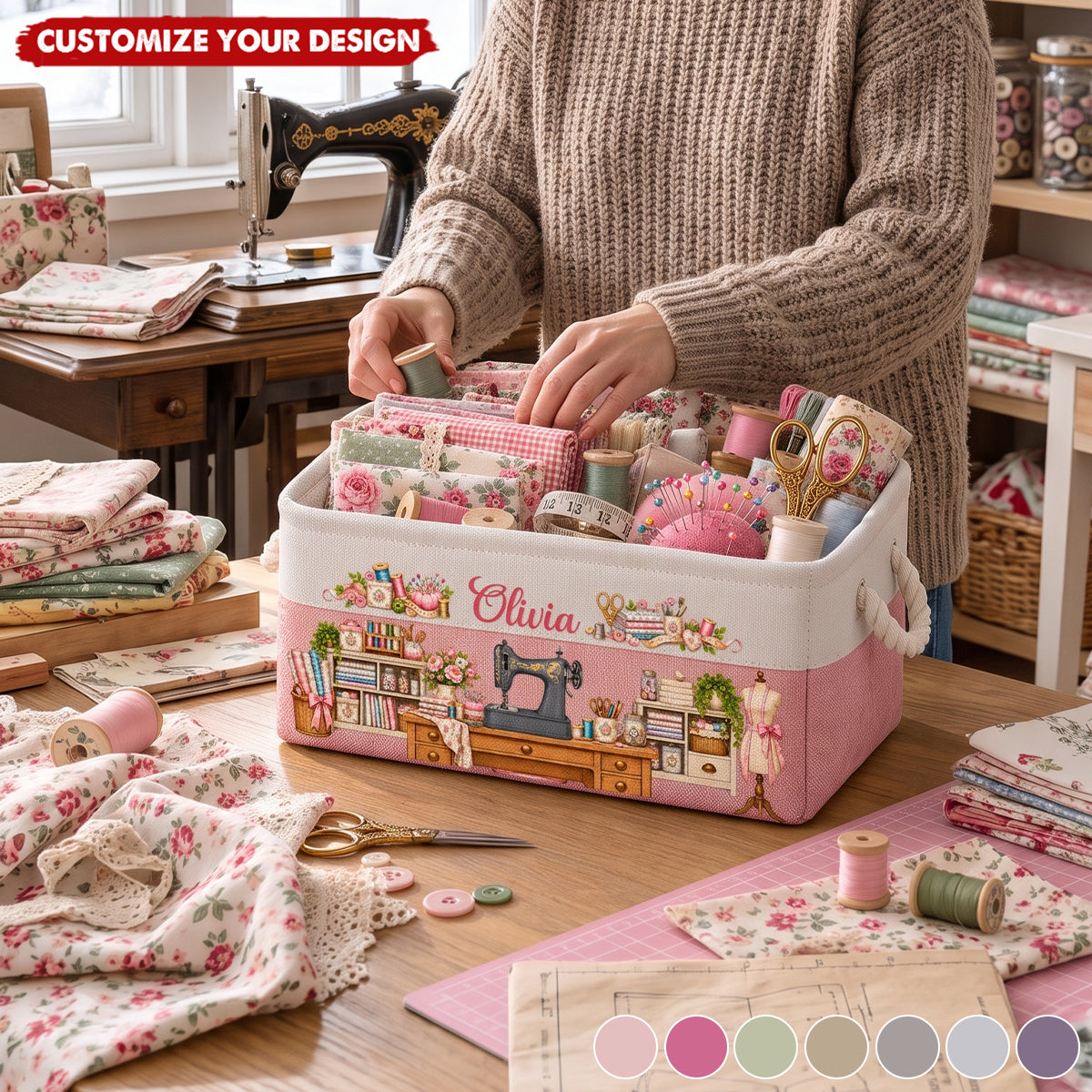 Personalized Storage Basket - Sewing Basket, Craft Basket Custom Sewing Machine &amp; Birth Flower