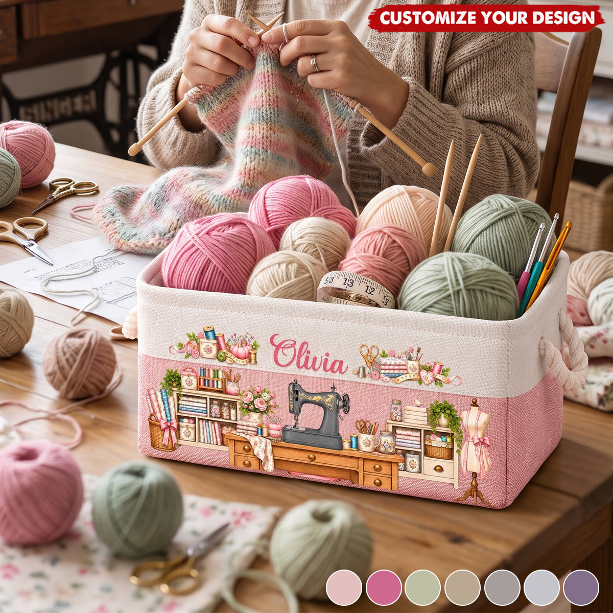 Personalized Storage Basket - Sewing Basket, Craft Basket Custom Sewing Machine &amp; Birth Flower