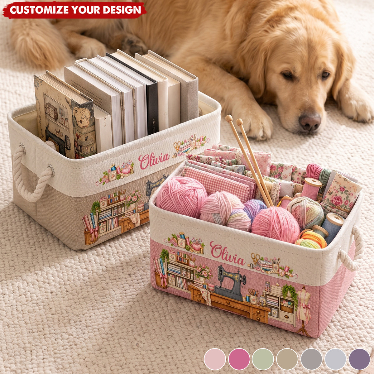 Personalized Storage Basket - Sewing Basket, Craft Basket Custom Sewing Machine &amp; Birth Flower