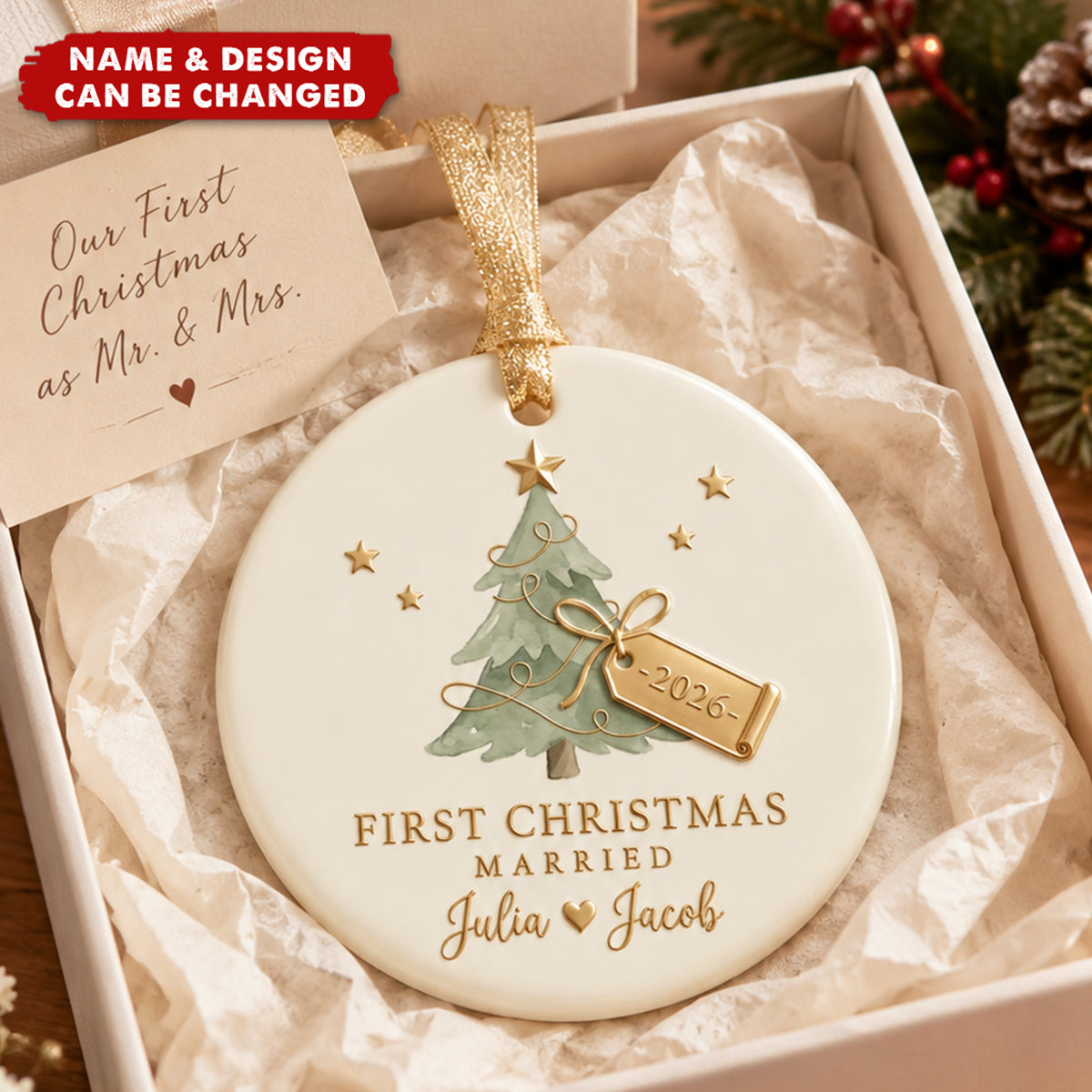 Personalized First Christmas Married Ceramic Ornament - Custom Couple Names &amp; Year Christmas Tree Keepsake Gift