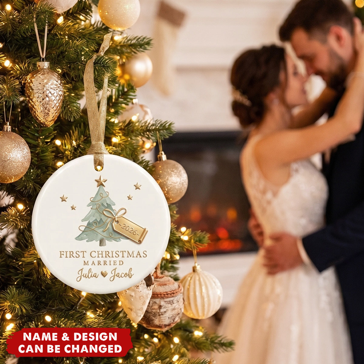 Personalized First Christmas Married Ceramic Ornament - Custom Couple Names &amp; Year Christmas Tree Keepsake Gift
