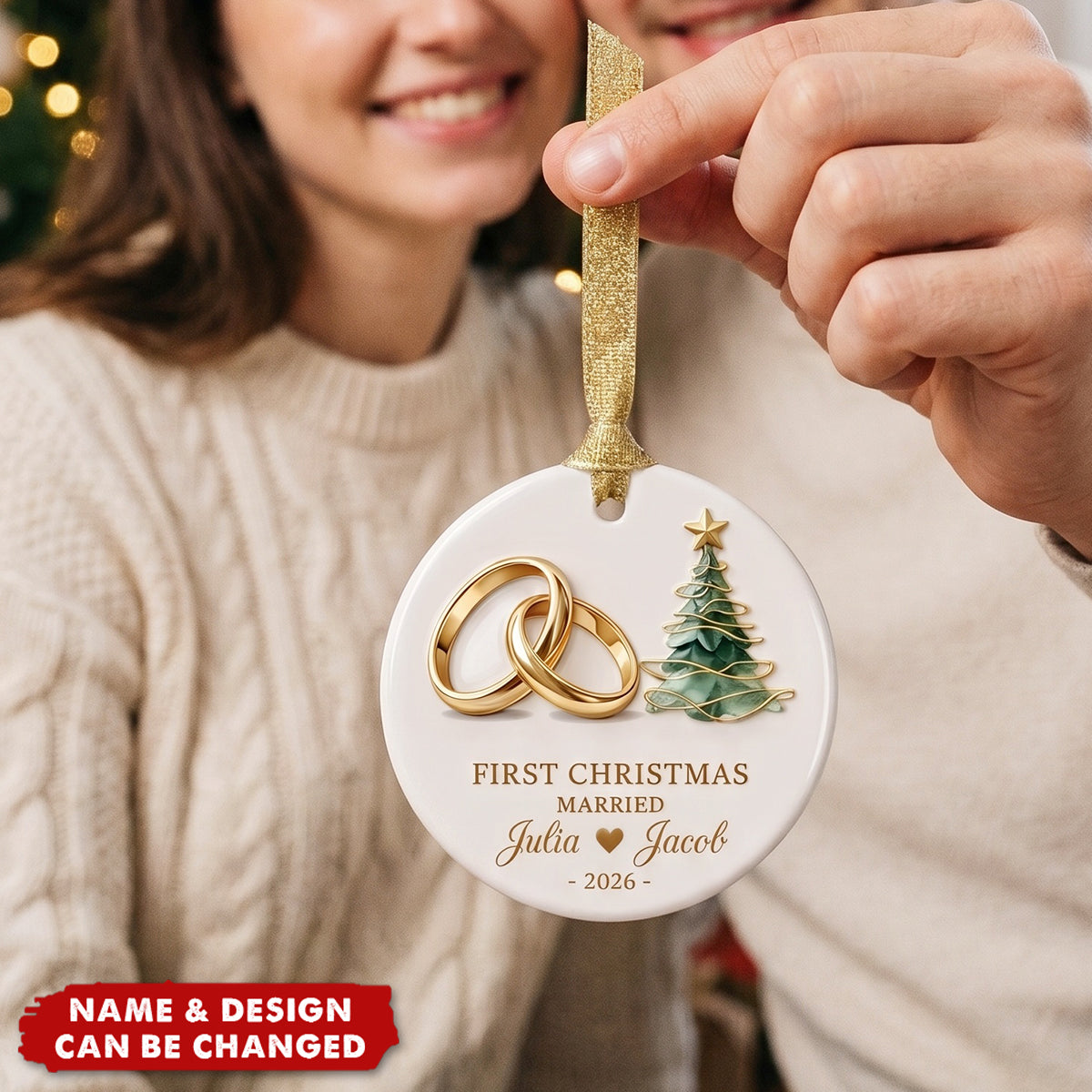 Personalized First Christmas Married Ceramic Ornament - Custom Couple Names &amp; Year Christmas Tree Keepsake Gift