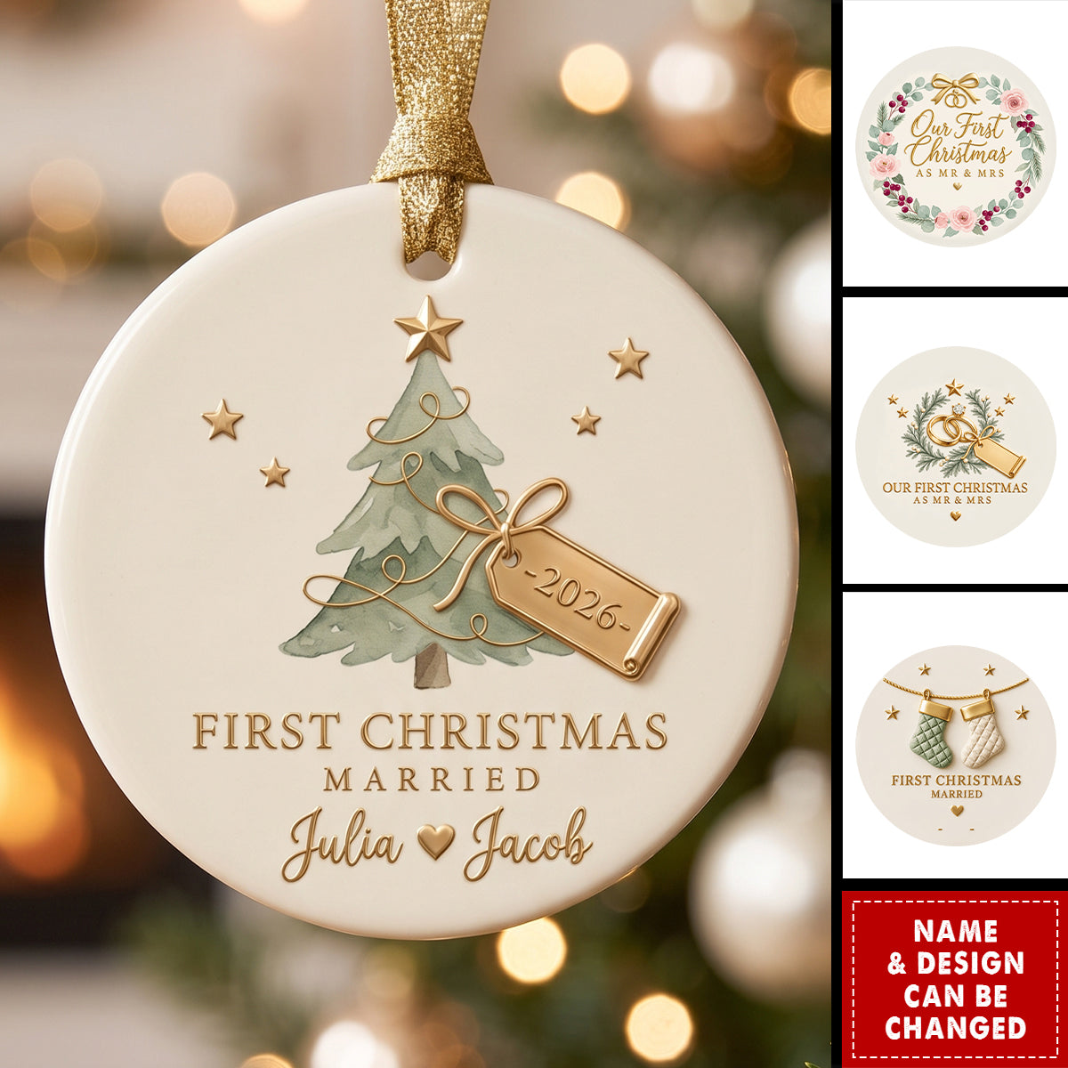 Personalized First Christmas Married Ceramic Ornament - Custom Couple Names &amp; Year Christmas Tree Keepsake Gift