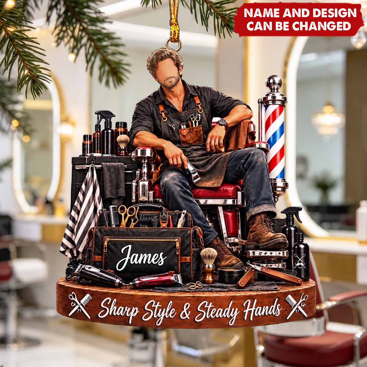 Personalized Barber Christmas Ornament, Custom Name Male Hairstylist Gift