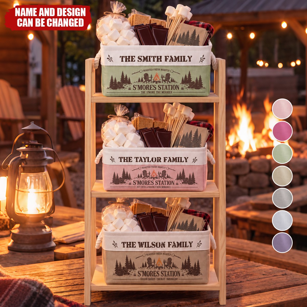 Family S’Mores Campfire Fire Pit Basket For Camping - Personalized Storage Basket