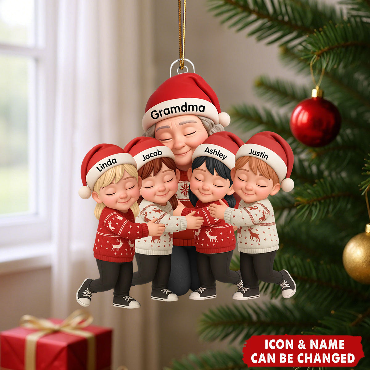 Grandma Hugging Grandkids - Personalized Acrylic Ornament - Heartwarming Christmas Gift for Grandma, Grandkids