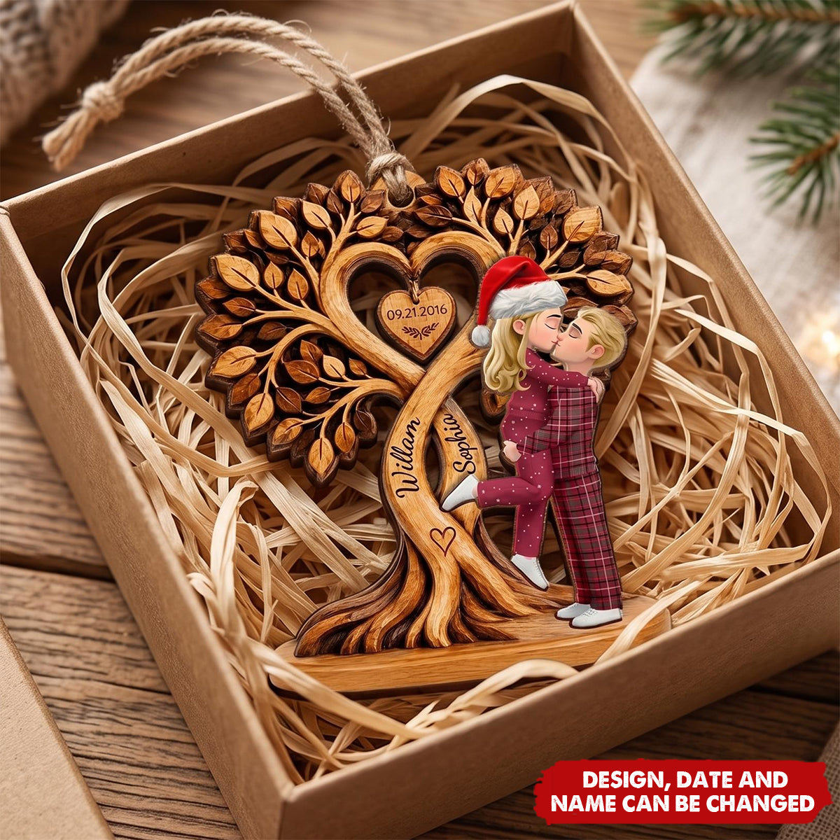 Christmas Gift For Couples - Personalized Heart Tree 2-Layered Wooden Ornament