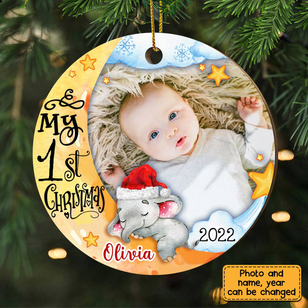 Baby&#39;s First Christmas Elephant Photo Circle Ornament