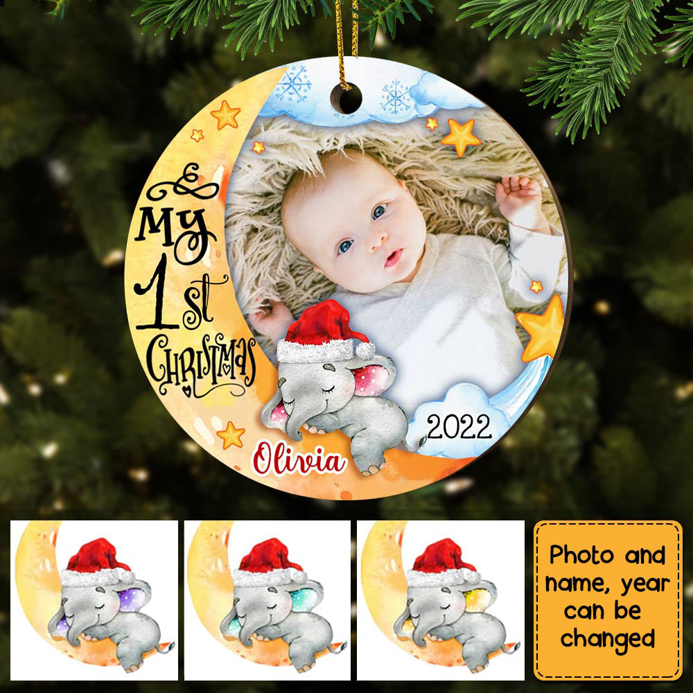 Baby&#39;s First Christmas Elephant Photo Circle Ornament