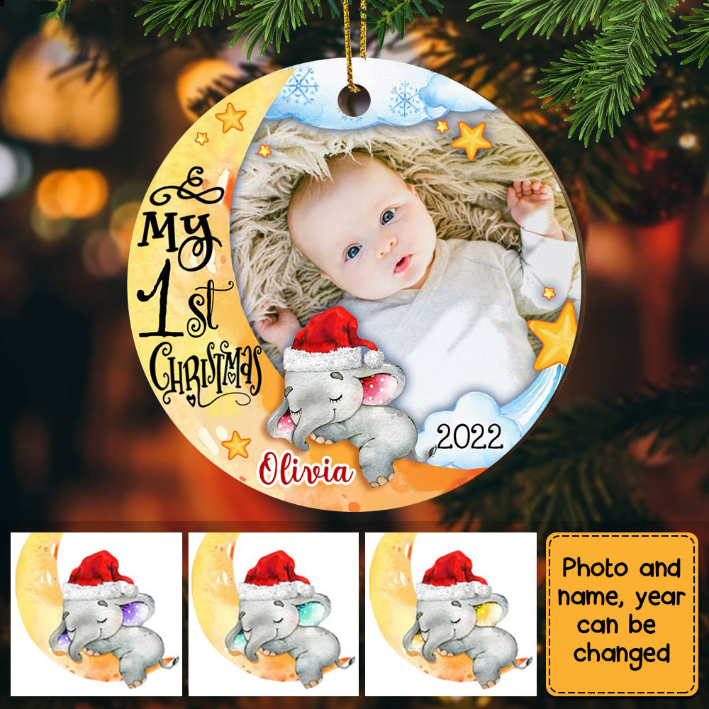 Baby&#39;s First Christmas Elephant Photo Circle Ornament