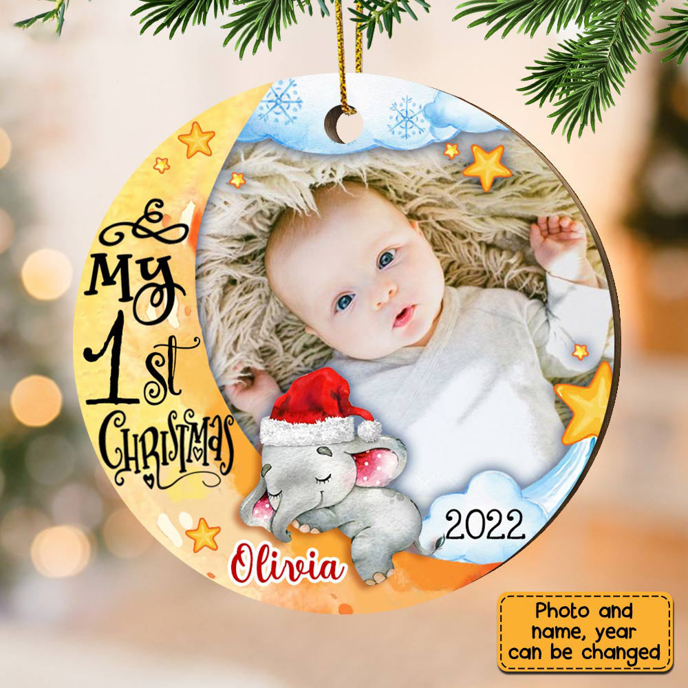Baby&#39;s First Christmas Elephant Photo Circle Ornament