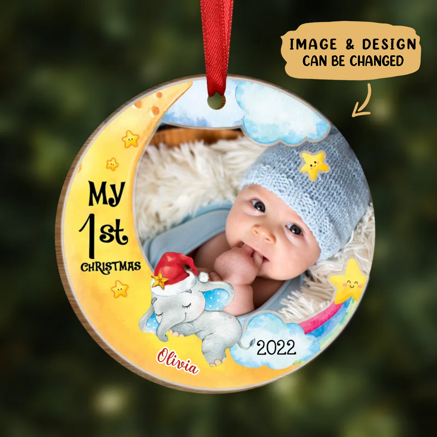 Baby&#39;s First Christmas Elephant Image Upload - Personalized Circle Ornament
