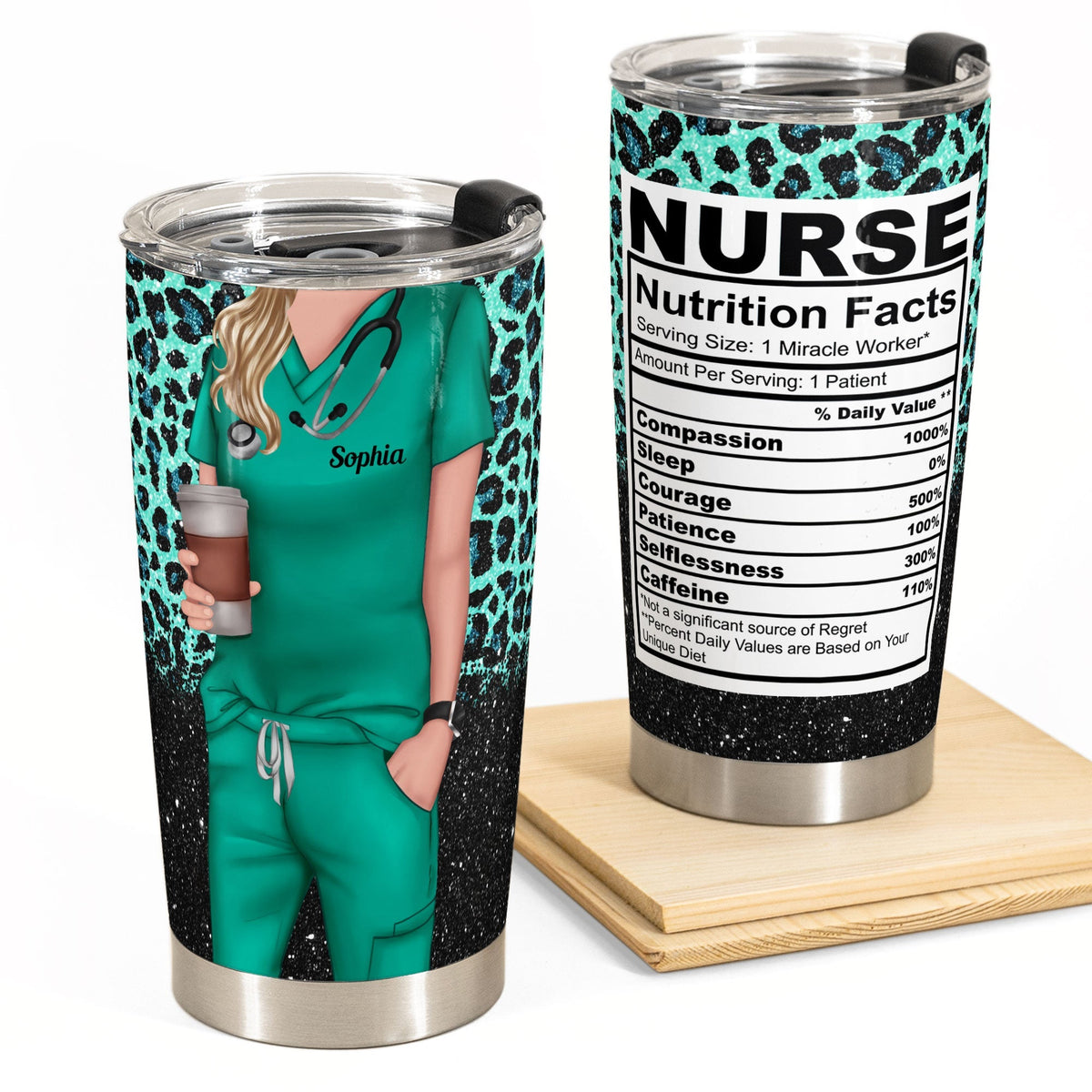 Nurse Life Nutrition Facts - Personalized Tumbler Cup - Gift For Doctor &amp; Nurse - Glitter Leopard Design