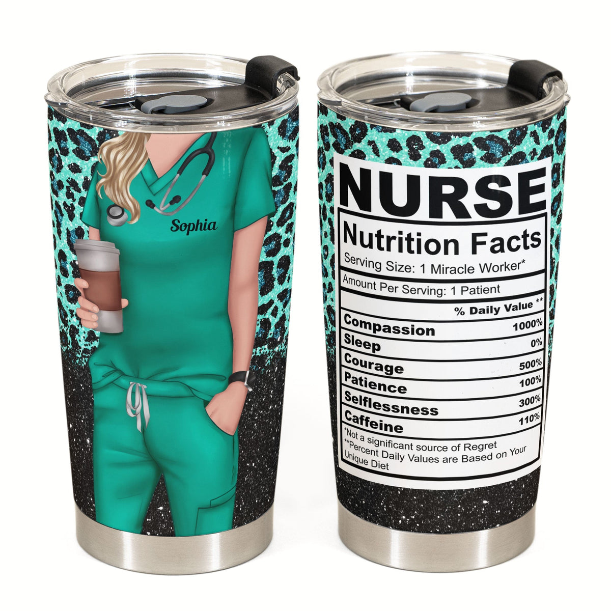 Nurse Life Nutrition Facts - Personalized Tumbler Cup - Gift For Doctor &amp; Nurse - Glitter Leopard Design