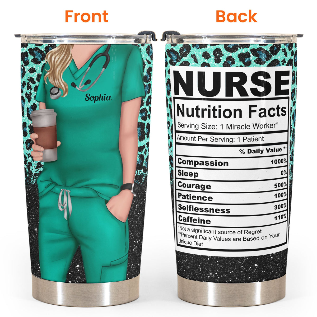 Nurse Life Nutrition Facts - Personalized Tumbler Cup - Gift For Doctor &amp; Nurse - Glitter Leopard Design